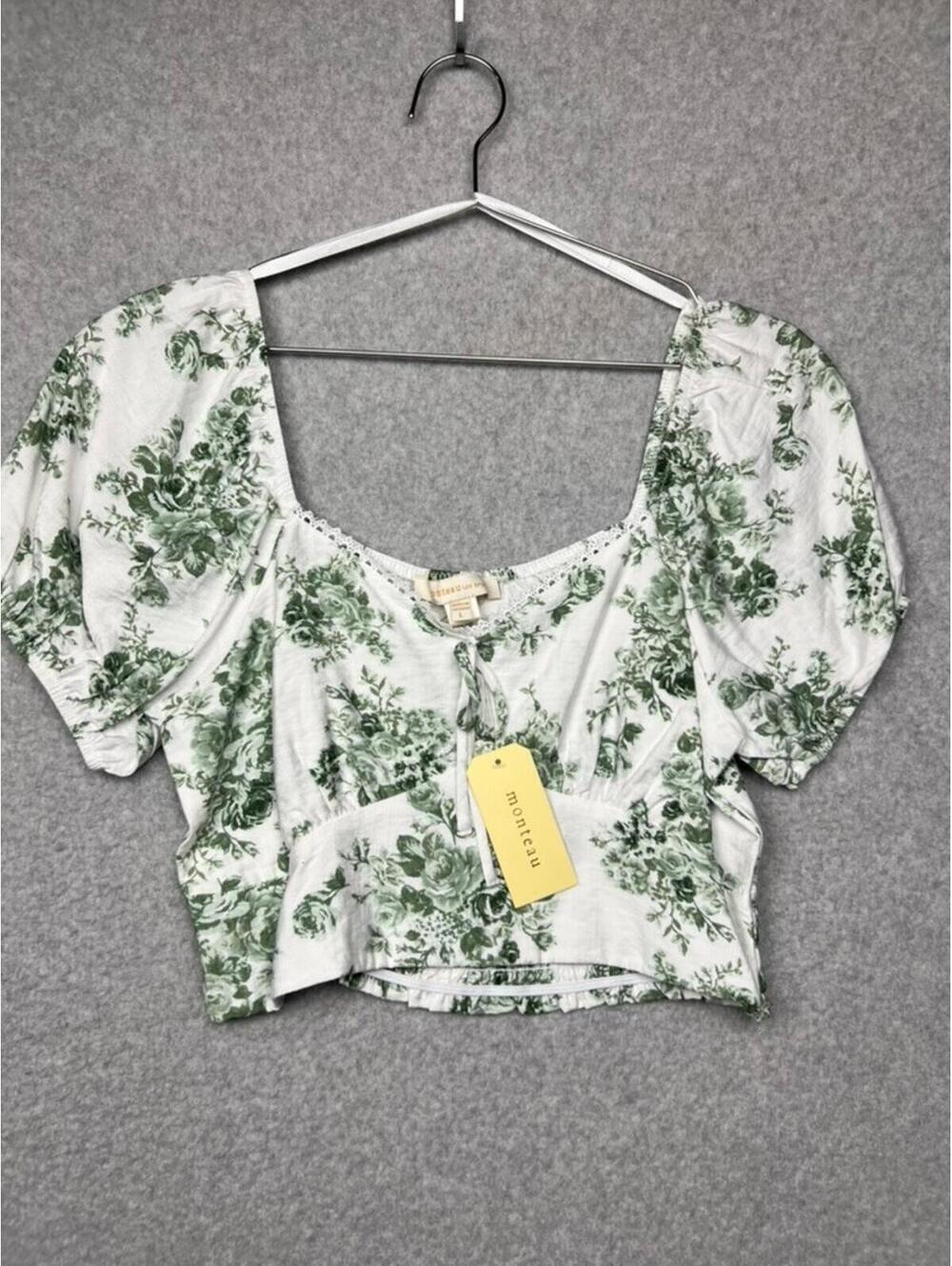 Monteau Floral Crop Top L Ditsy Y2K Cottagecore Floral Crop Top Puff Sleeve
